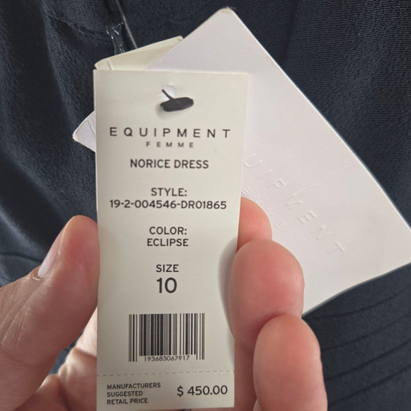 Equipment Navy Eclipse V Neck Pleated Viscose Midi Norice Dress Size 10 $450 - Picture 8 of 11